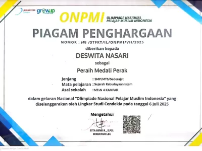 2025-PRESTASI JUARA 2 (MENDALI PERAK) OLIMPIADE NASIONAL PELAJAR MUSLIM INDONESIA (DESWITA NASARI)