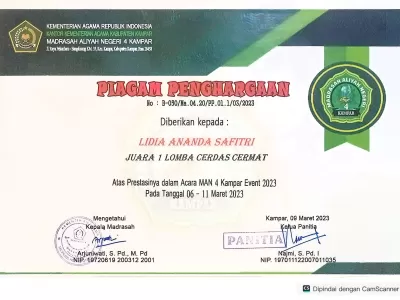 2023-PRESTASI JUARA 2 LOMBA CERDAS CERMAT MAN 4 KAMPAR (LIDIA ANANDA SAFITRI)